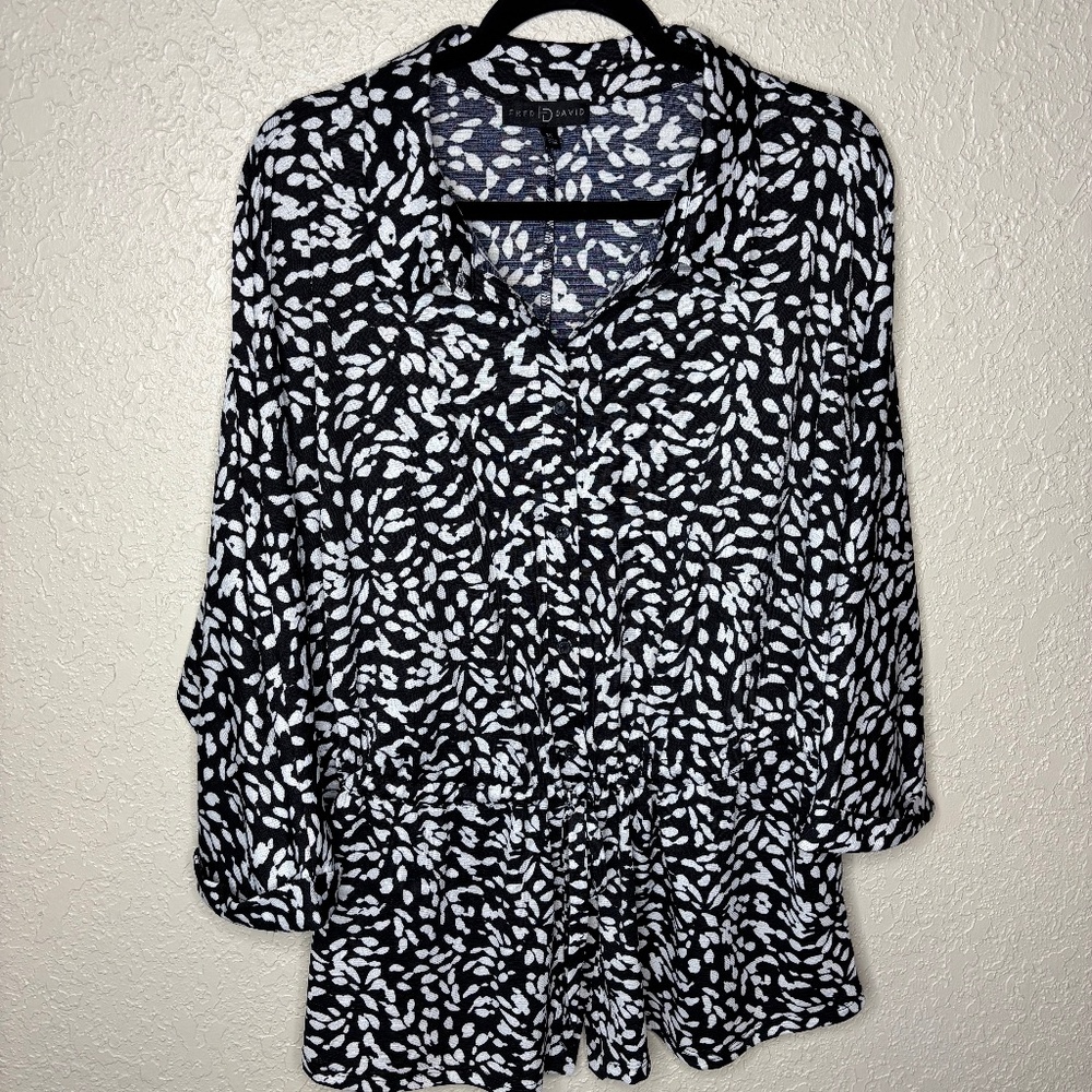 Fred David Black White Dolman Sleeves Button Down Top Jacket Women's Size 3X
